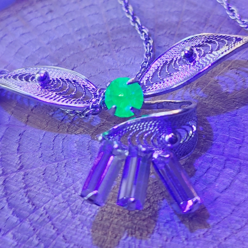 Uranium glass sterling filagree with clear crystals choker 15"